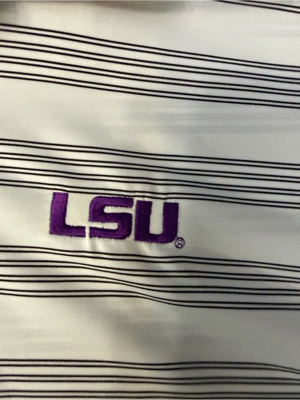Nike White Dr-Fit Polo with Thin Black Stripes and Purple LSU Logo